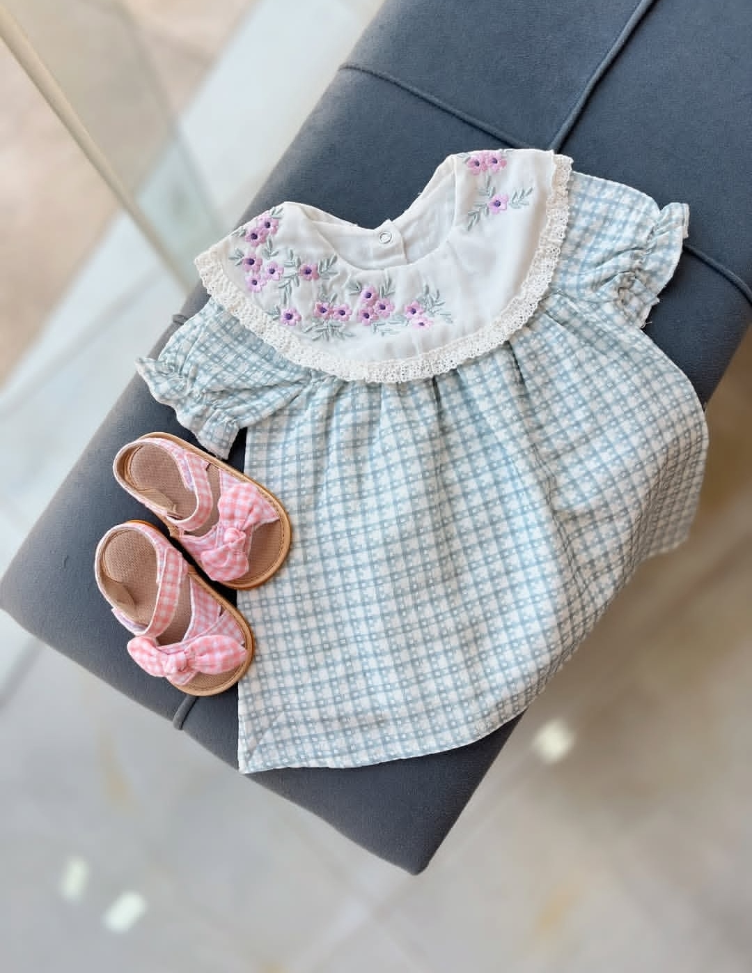 پیراهن چهارخونه سبز گلدوزی کد ۷۶۳